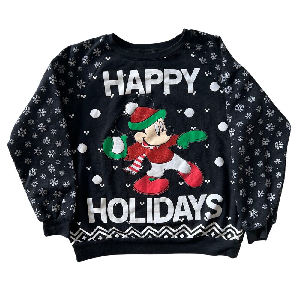 Disney Mickey Mouse Snowflake Christmas Sweatshirt Black Youth L 11-13